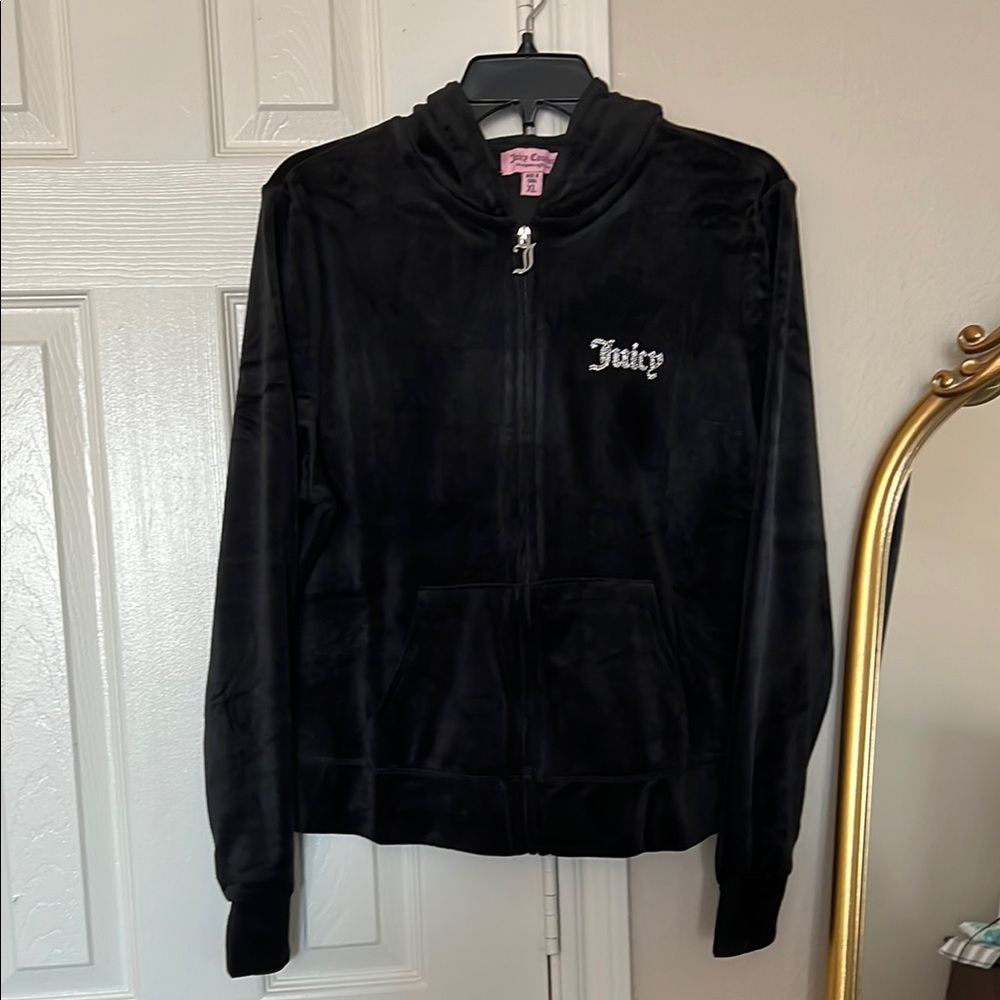 Brand New sz XL Juicy Couture Black Velour Bling zip up Hoodie